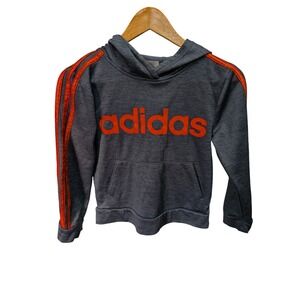Adidas Boys Small 8 Hoodie Heather Grey Orange 3-Stripe Pullover Sweatshirt